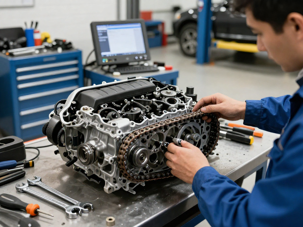 Professioneller Mechaniker bei der Inspektion einer BMW Steuerkette, hochwertige Werkzeuge und saubere Arbeitsumgebung.