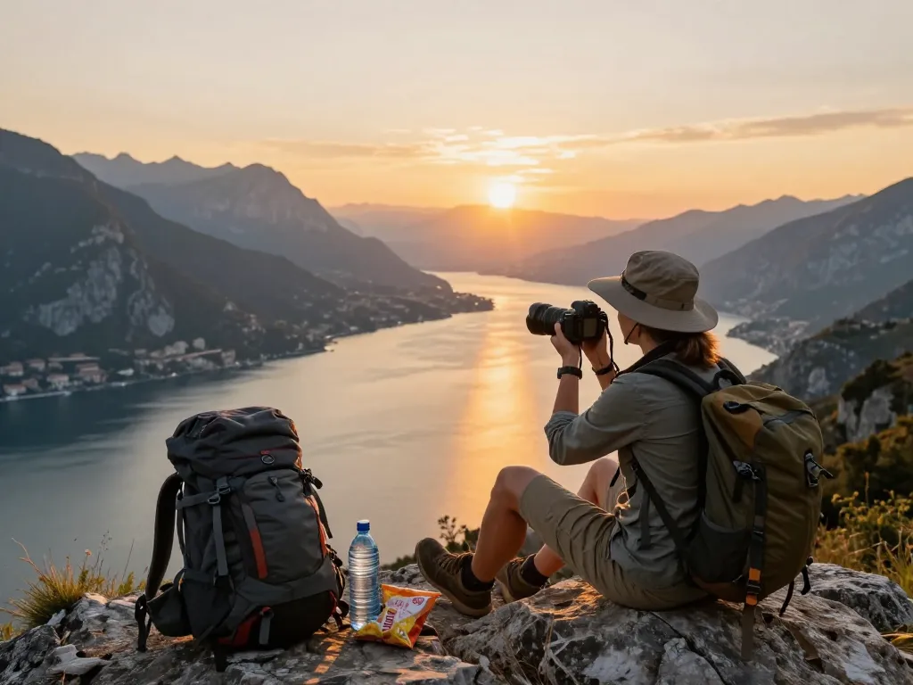 Erstaunlicher Sonnenuntergangsblick am Gardasee während eines Abenteuers im Urlaub am Gardasee, das einen Reisenden mit Kamera inmitten der Natur festhält.