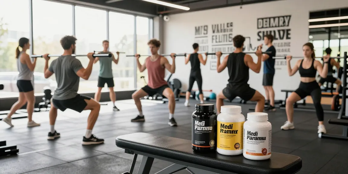 Medi Pharma Steroid Shop - Fitnessbegeisterte trainieren gemeinsam im modernen Fitnessstudio mit Nahrungsergänzungsmitteln.
