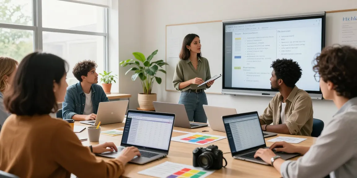 Teachers collaborating using EMStudio's online teacher planner and classroom management application in a bright classroom.