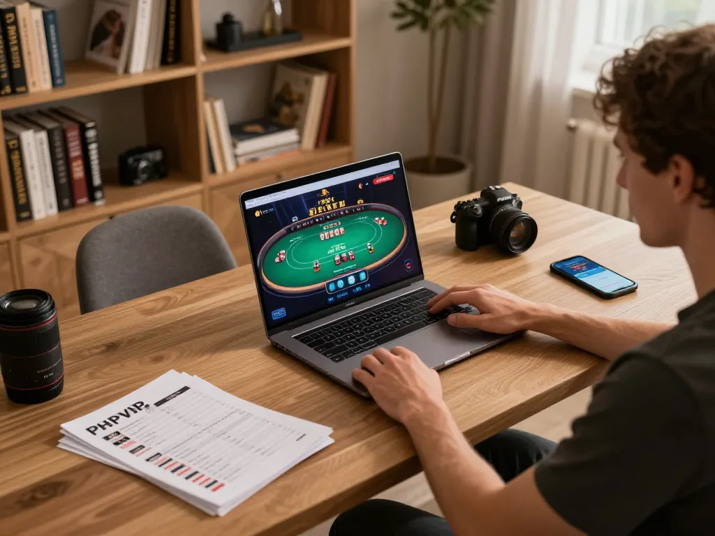 Engaged player using PHPVIP on a laptop for online gambling strategy in a home setting.