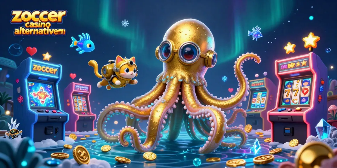 Zoccer Casino Alternativen erkunden: Ein lebendiges Bild mit einem Kraken und einem tauchenden Kätzchen, umgeben von Spielgeräten.