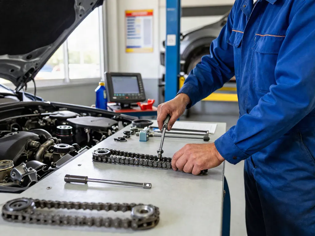 Mechaniker beim Wechsel der Steuerkette in Hannover, präzise Inspektion des Motors.