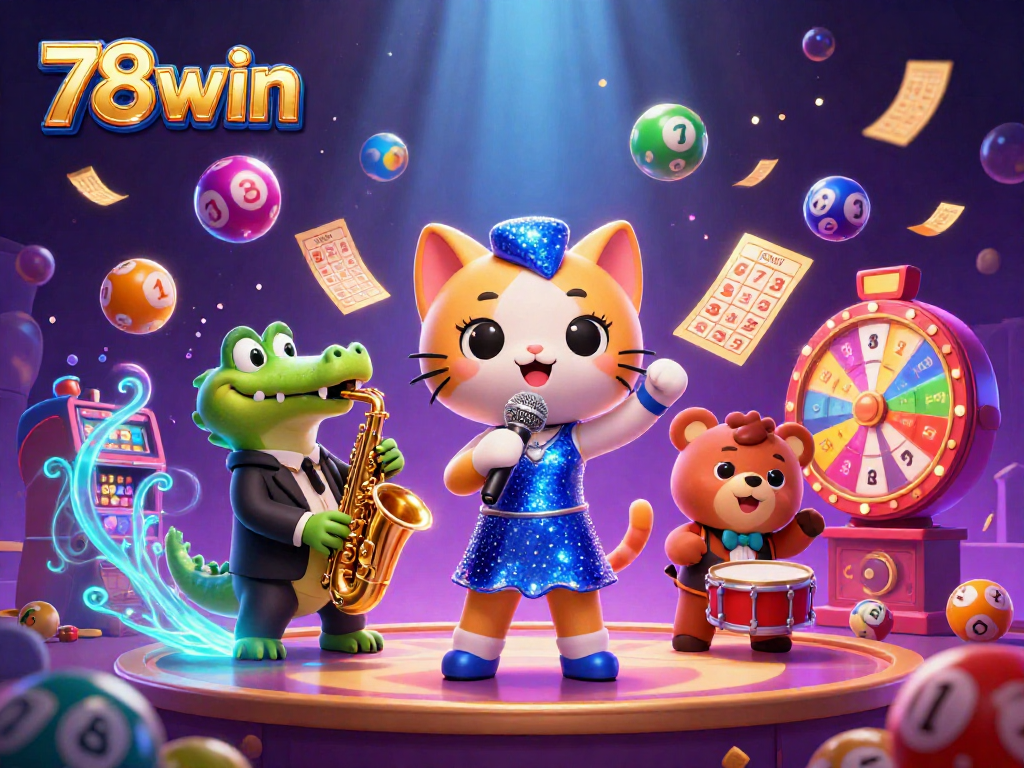 Experience thrilling wins with 78win in this vibrant casino scene featuring musical characters!