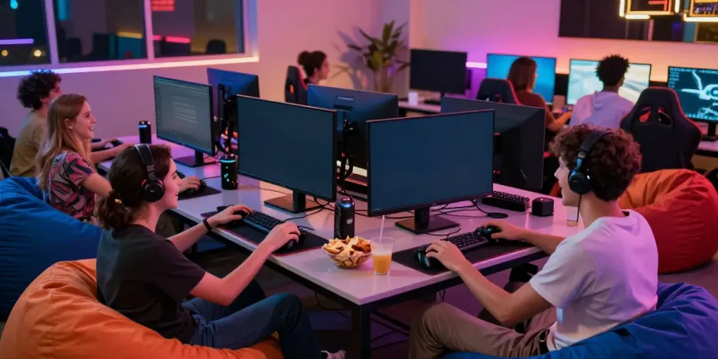 Nbet gaming lounge with friends enjoying a lively online gaming session.