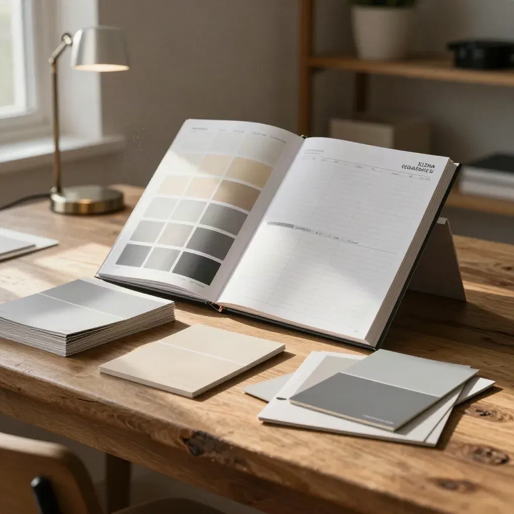 Markenpaket mit Farbfächern, Ringbuch und Cover-Mockups auf warmem Studiotisch.