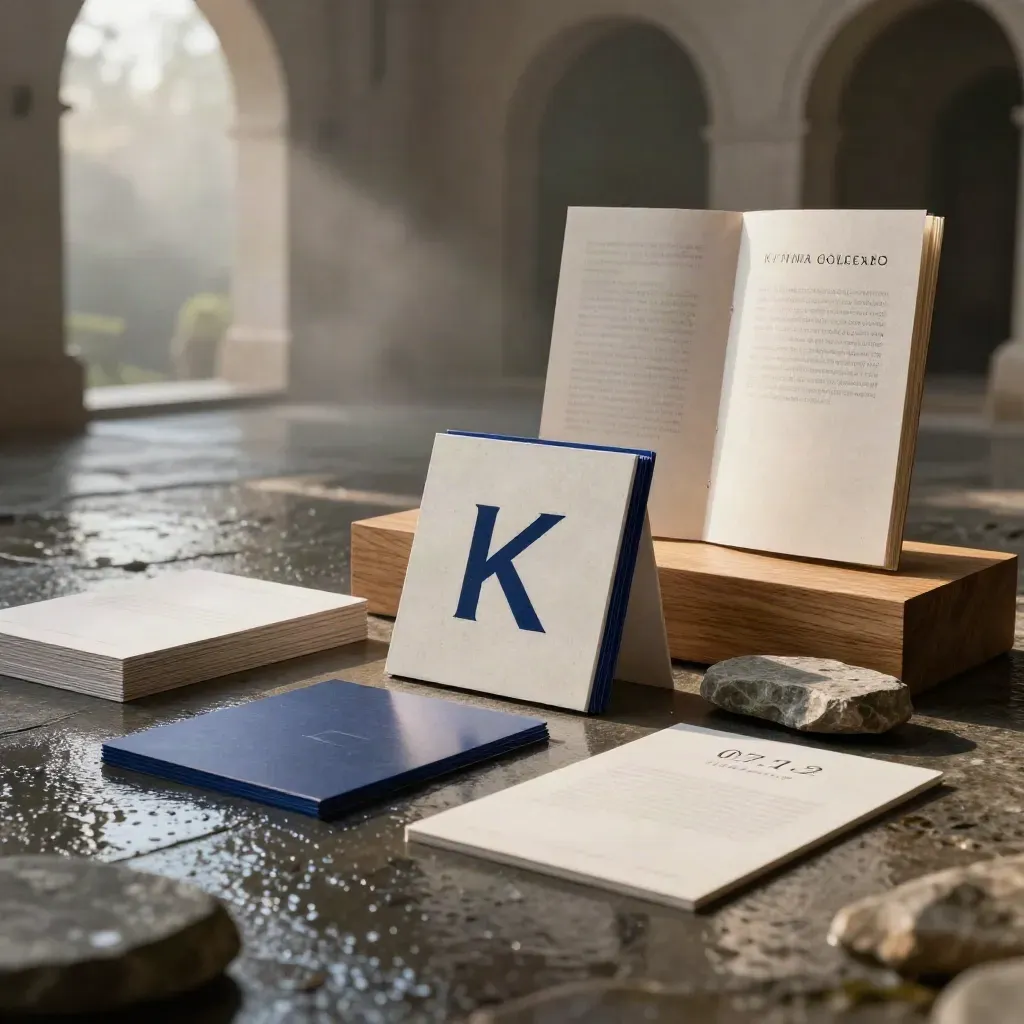 Mistiges Brand-Identity-Tableau mit Karten, Broschüren und Symbol-Tiles im Morgenlicht.