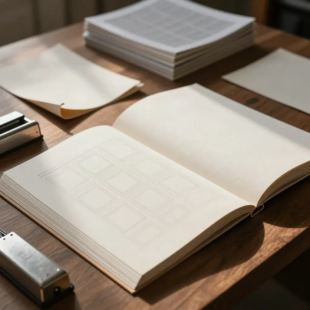 Geöffnete Drucklayout-Broschüre, Papierstapel, Bindungsmockup und Gewichte im warmen Studiolicht