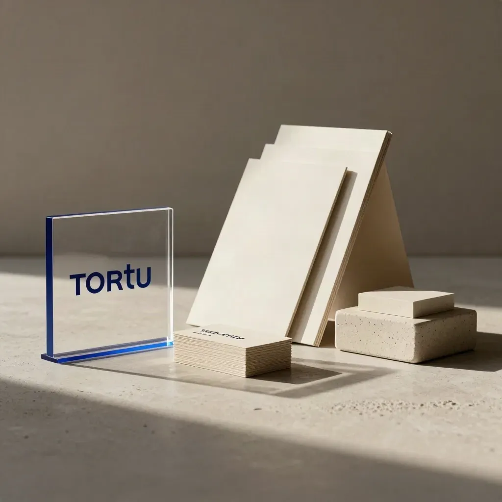 Indigo Akzentset mit Acryl-Logo, Karten und Pitch-Boards auf hellem Beton.