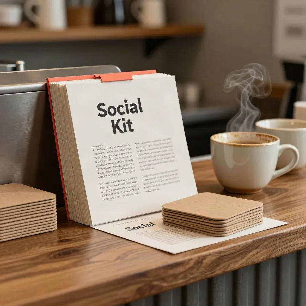 Makro eines Café-Social-Kits mit Druckproofs, Untersetzern und Keramiktassen am warmen Tresen
