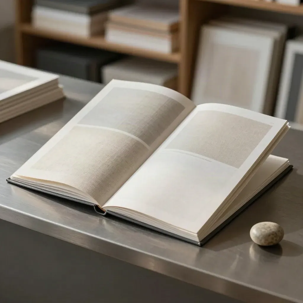 Offene Broschüre mit Leinenumschlag und Steinpapiergewicht im ruhigen Studio