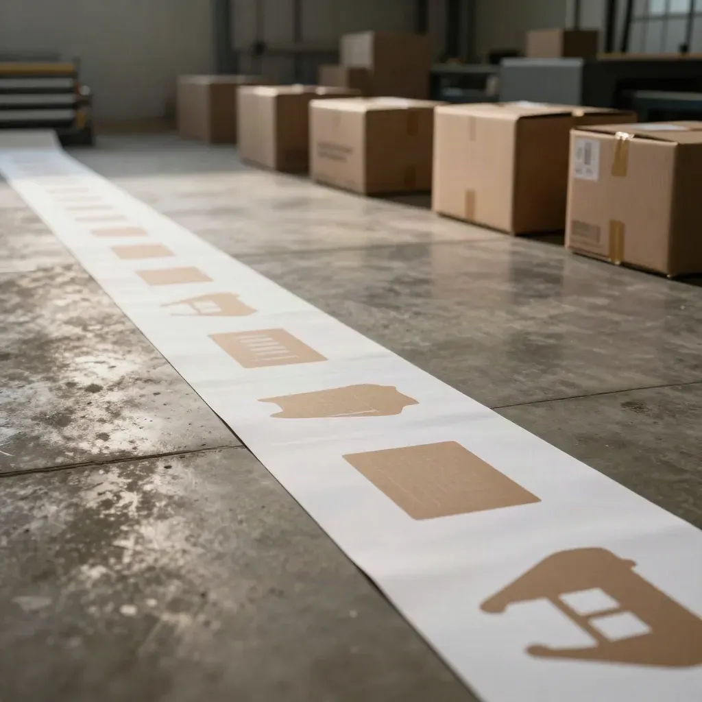 Bannerrollen, Produktsilhouetten und Versandkartons in einer düsteren Lagerhalle.