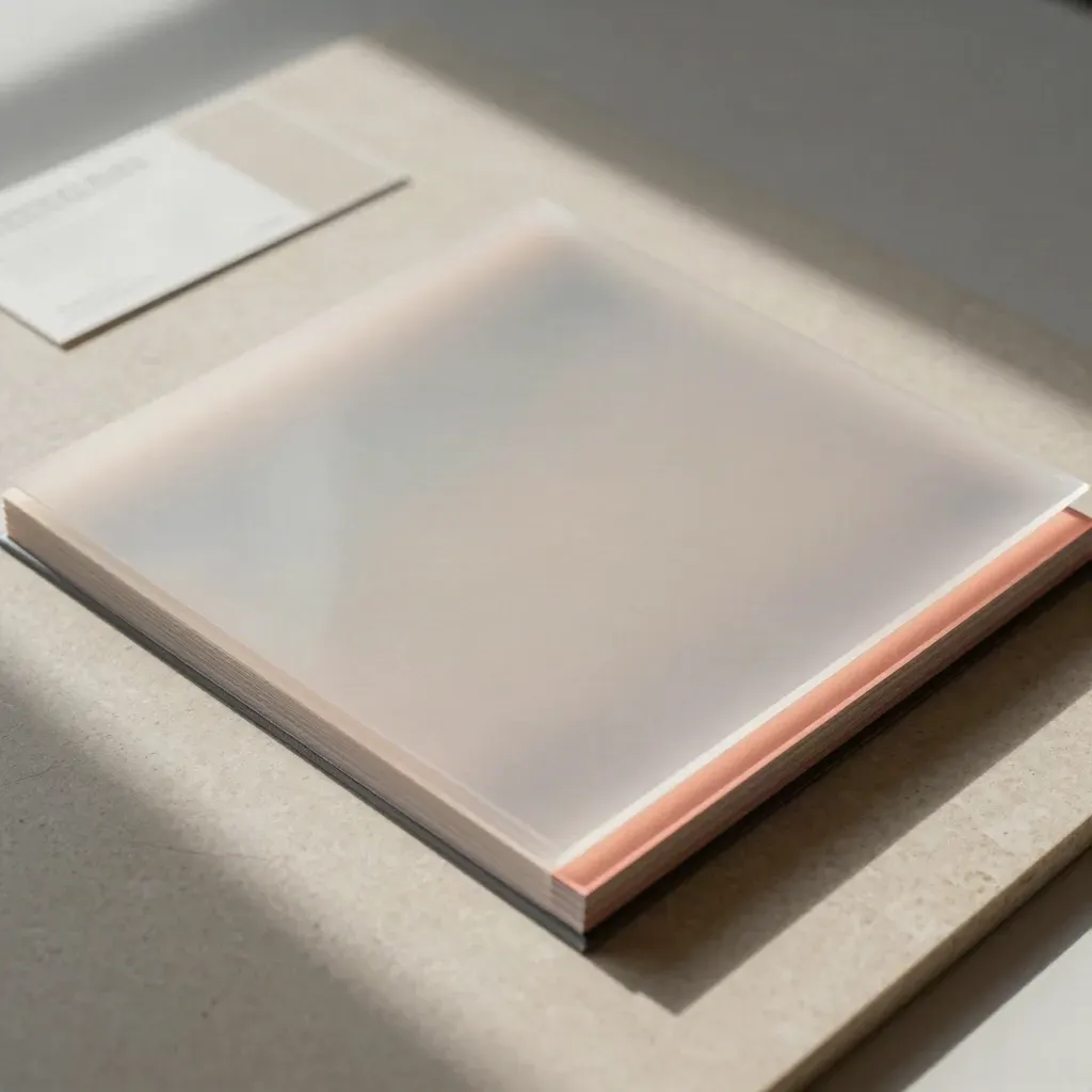 Acetat-Proofs und Mockup-Board auf hellem Stein, elegant von oben arrangiert