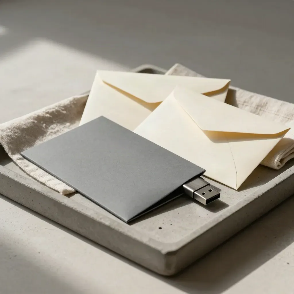 Versand-Set mit USB-Stick und zwei Proof-Umschlägen auf Steinschale, sanft seitlich beleuchtet