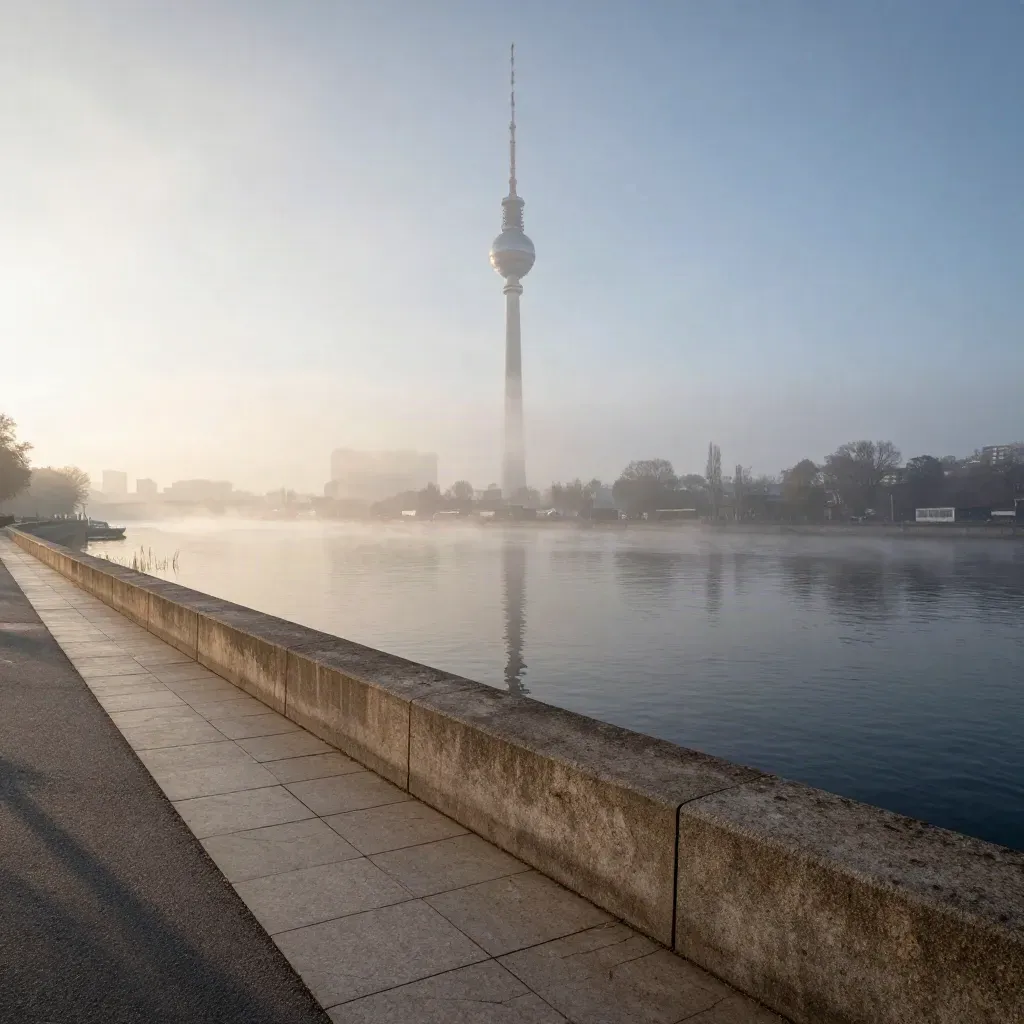 Berliner Fernsehturm über der Spree im Morgennebel, ruhige Uferzone für Text