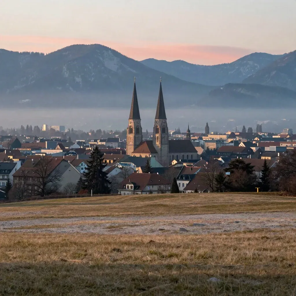 Münchener Skyline mit Alpenhügeln im Dunst, ruhige Hügel im Vordergrund