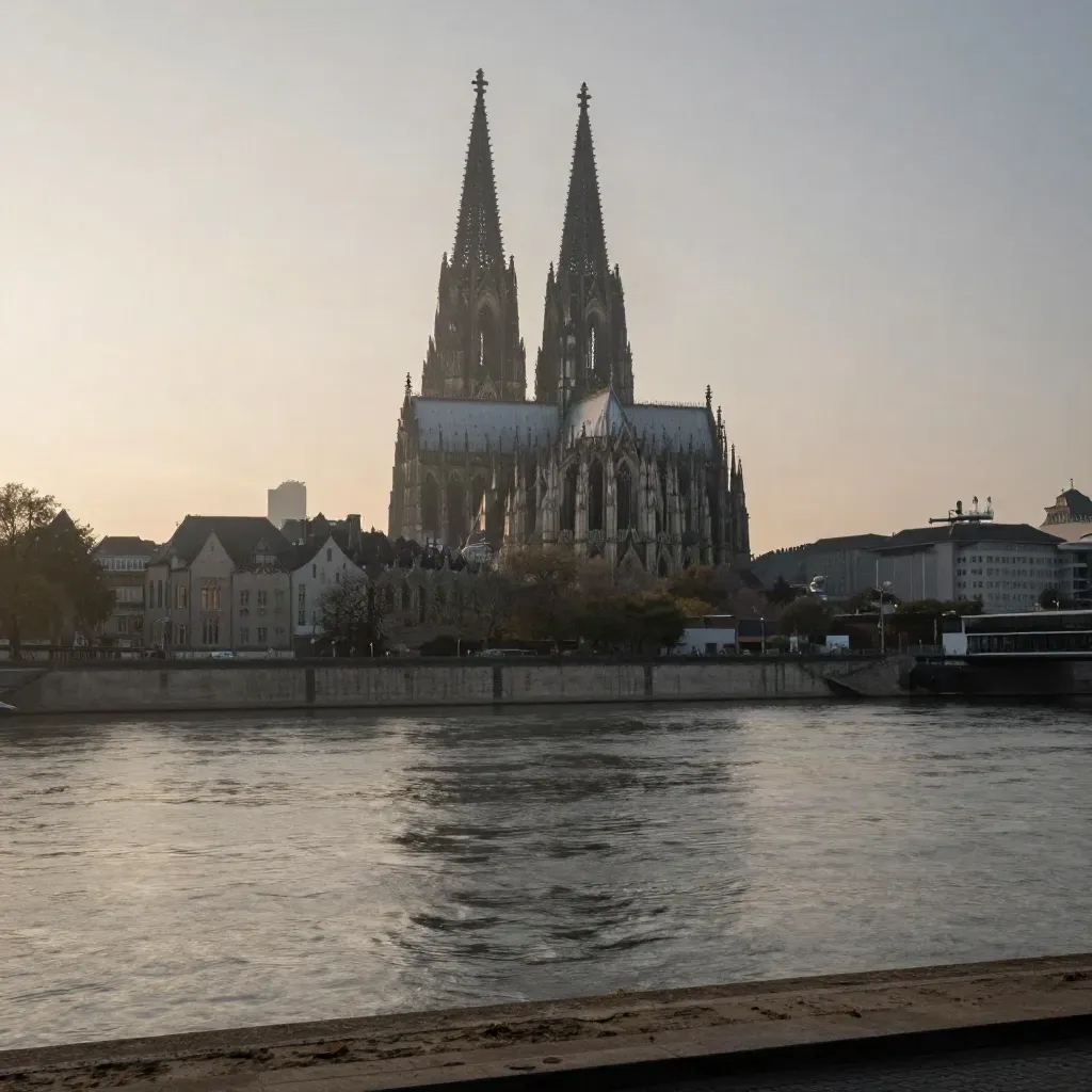 Der Kölner Dom im Abenddunst über dem ruhigen Rheinufer.