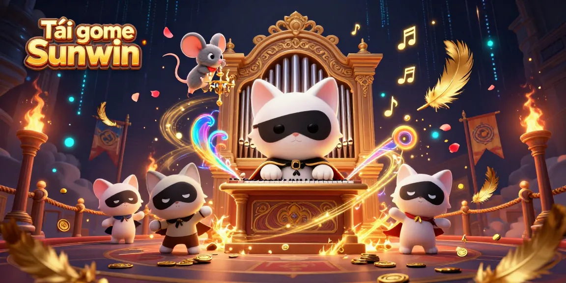 Tải game Sunwin showcasing a dynamic casino scene with a phantom cat and mouse acrobat amidst vibrant gaming elements.