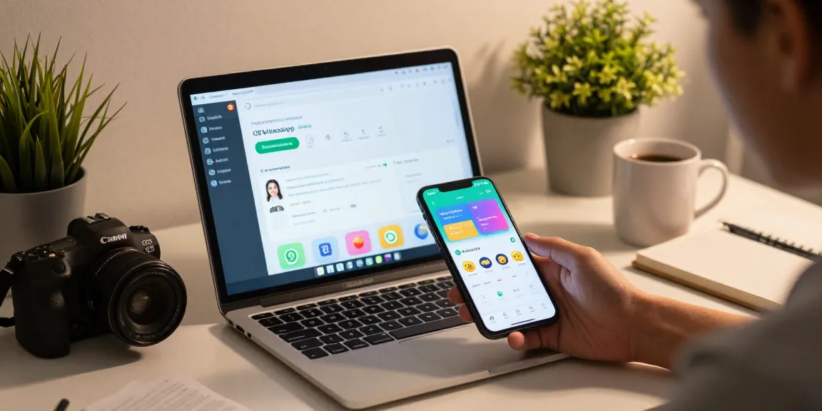 User exploring GB WhatsApp download on smartphone and laptop showcasing customization features and app interface.