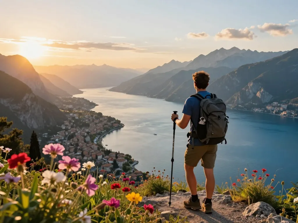 Reisender genießt Gardasee Reisetipps bei Sonnenuntergang mit atemberaubendem Blick auf den Gardasee.