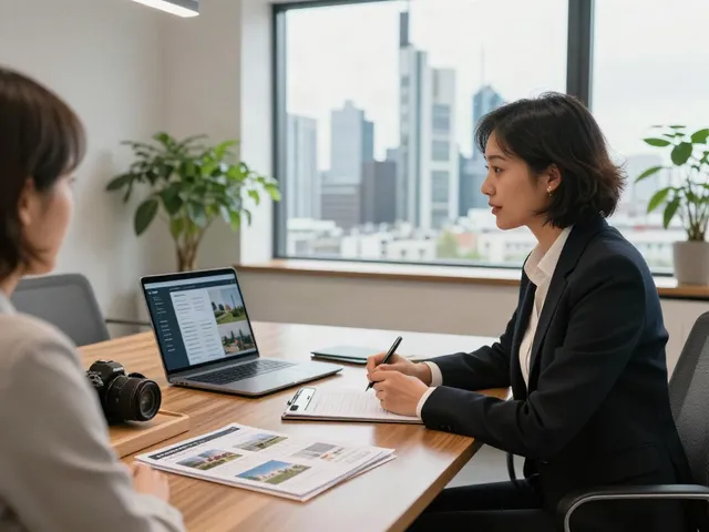 Bester Immobilienmakler Frankfurt berät Kunden in modernem Büro mit Stadtblick und Immobilienbroschüren auf dem Tisch.