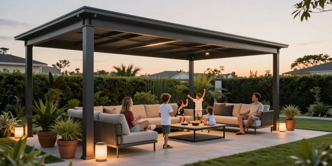 Familie unter einer eleganten Terrassenüberdachung genießen die Zeit im Garten.