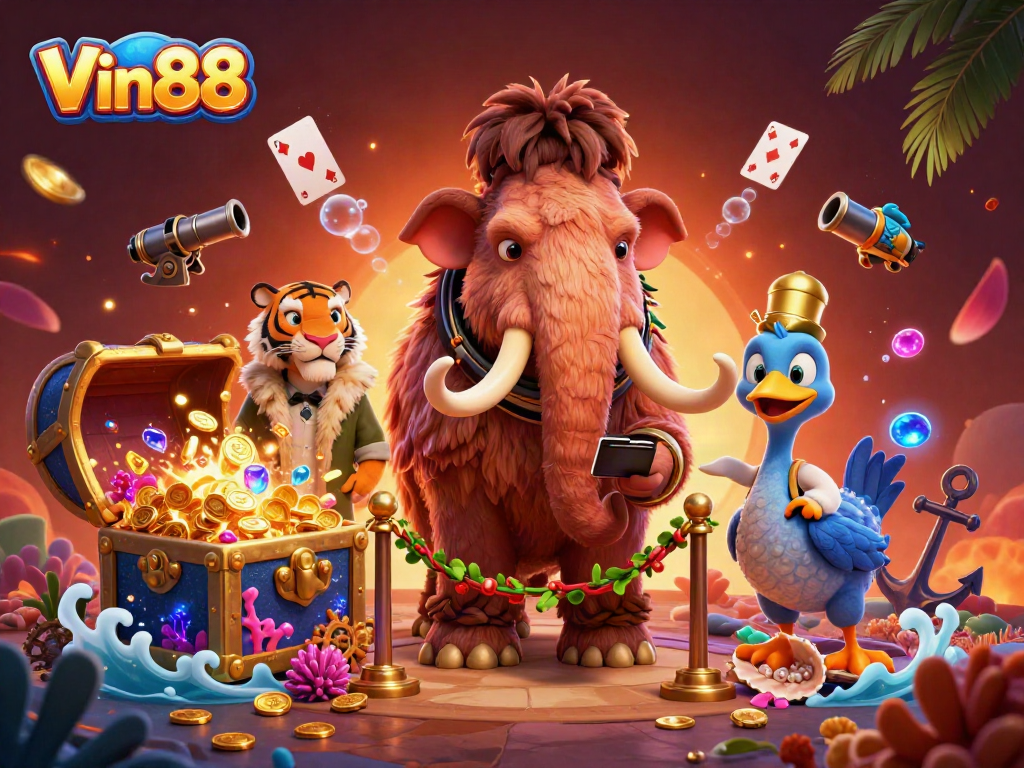 Engage with Vin88's vibrant gambling scene featuring casino characters and treasures.