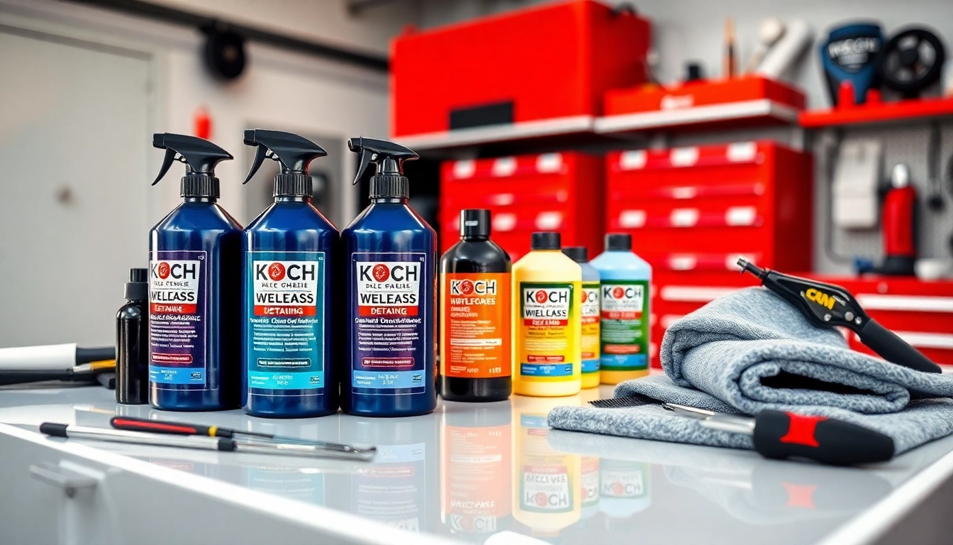 Koch Chemie Produkte auf einem professionellen Autopflege-Arbeitsplatz mit glänzenden Oberflächen.