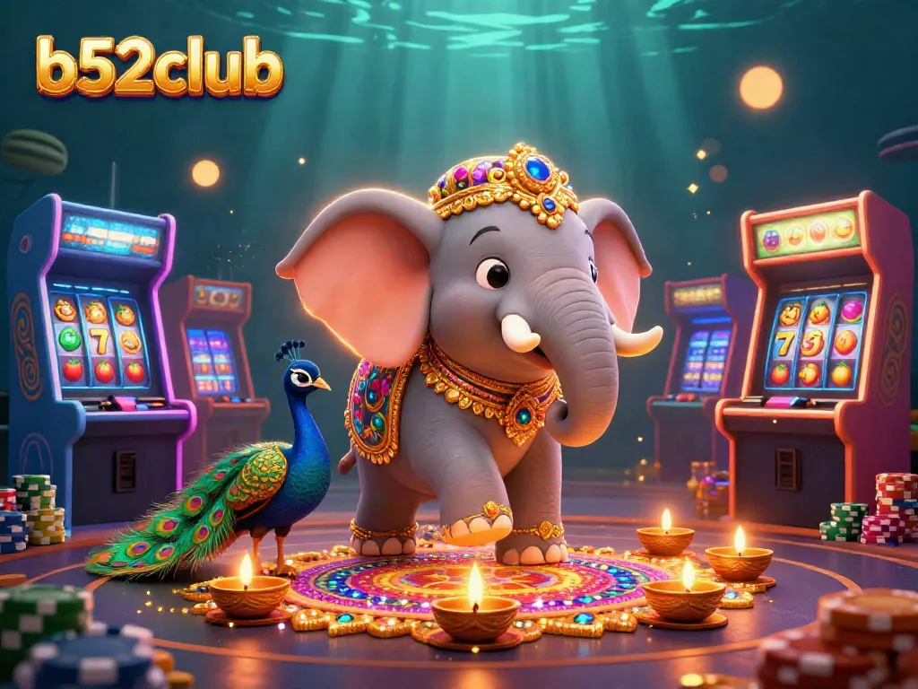 b52club brings excitement to gambling with a lively illustration of a casino scene featuring an elephant and peacock.