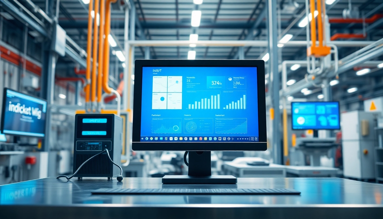 Windows IoT 2024 für Industrie-PCs optimiert in einer modernen Fabrikumgebung, voller Technologie und Effizienz.