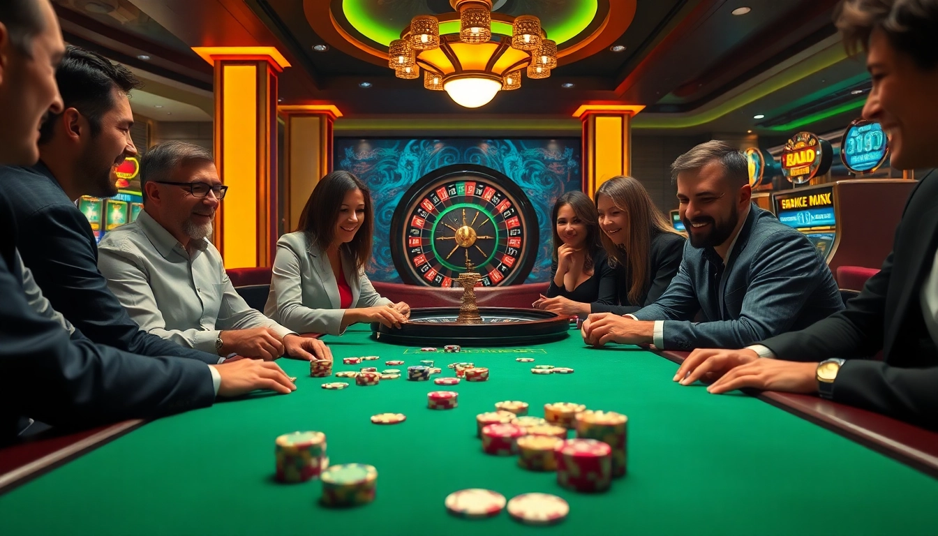 Experience excitement with a poker game at https://www.bdtk1.org/ featuring vibrant chips and a roulette wheel.