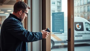 Erfahrener Schlüsseldienst-Mitarbeiter bei der Arbeit, der Schlüsseldienstleistungen in Mannheim mit modernen Werkzeugen in urbaner Umgebung demonstriert.