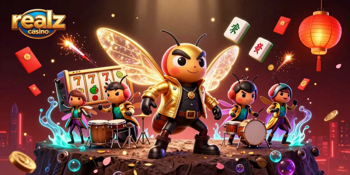 Experience the excitement of realz casino with a vibrant 3D scene of a rock star and energetic characters.